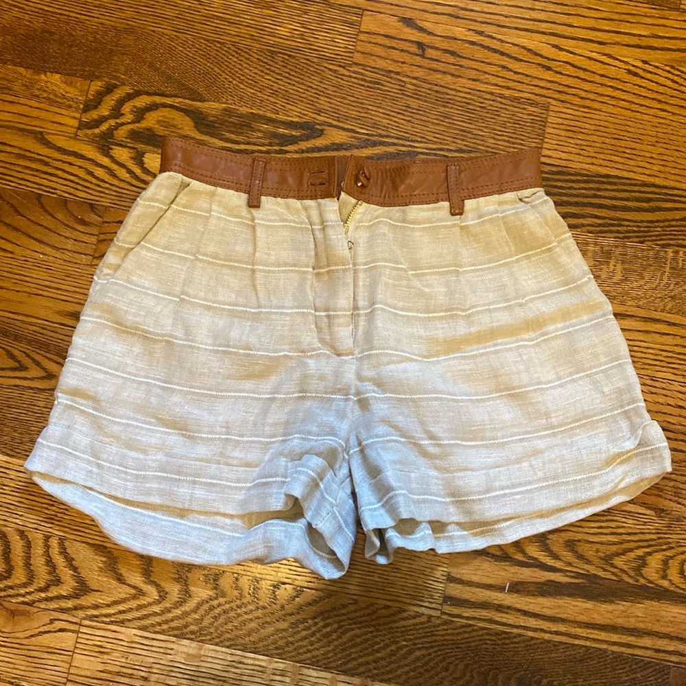 Aje Beige Linen Shorts with Brown Leather Trim | AU 8